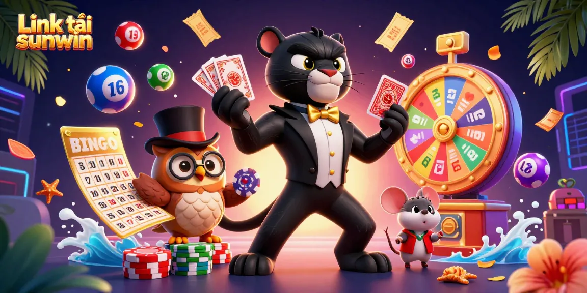 Win big with Link tải sunwin: a vibrant illustration of 3D characters and casino elements.