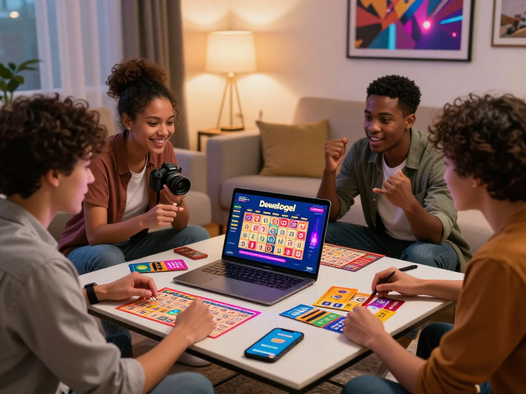 Dewatogel - Friends exploring online lottery games on a laptop, creating a fun and inviting atmosphere.