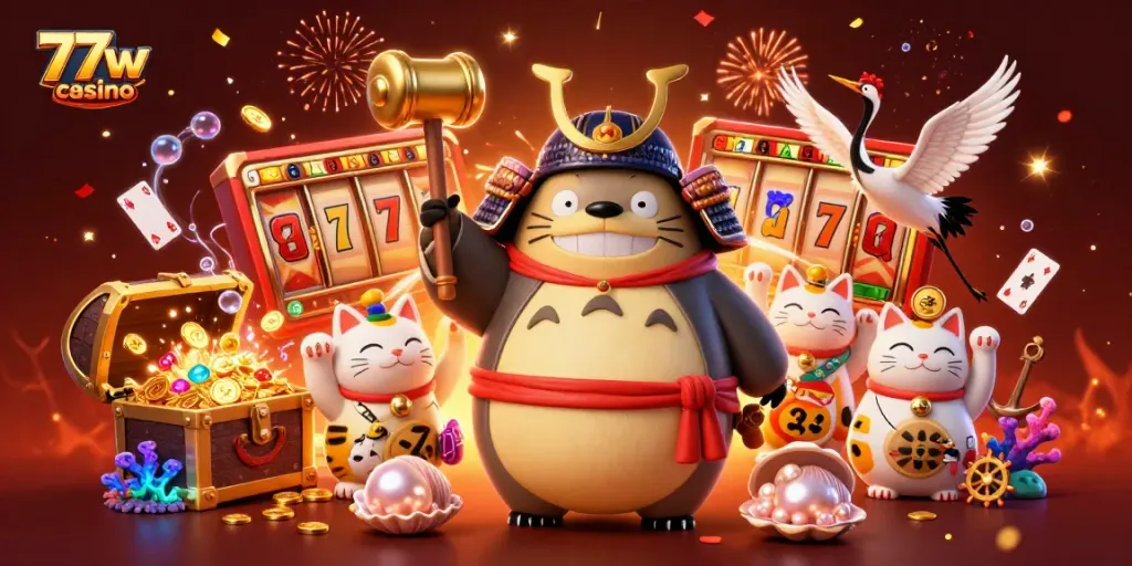 Experience the excitement of 77w casino with vibrant characters and dynamic gaming elements.