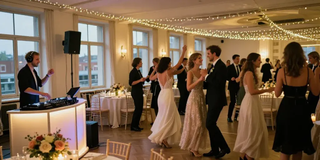 hochzeit DJ berlin brandenburg lively wedding reception scene with guests dancing and elegant decor