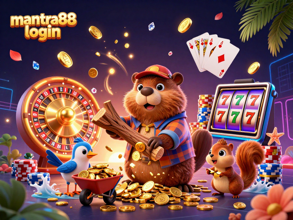 Experience excitement with mantra88 login in a dynamic casino-themed scene filled with treasures.