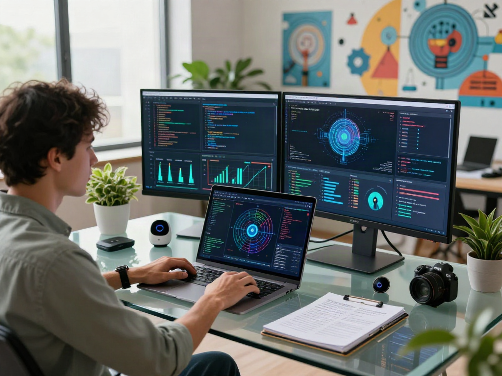 AI Detection analysis in a modern tech workspace with data visuals and algorithms.