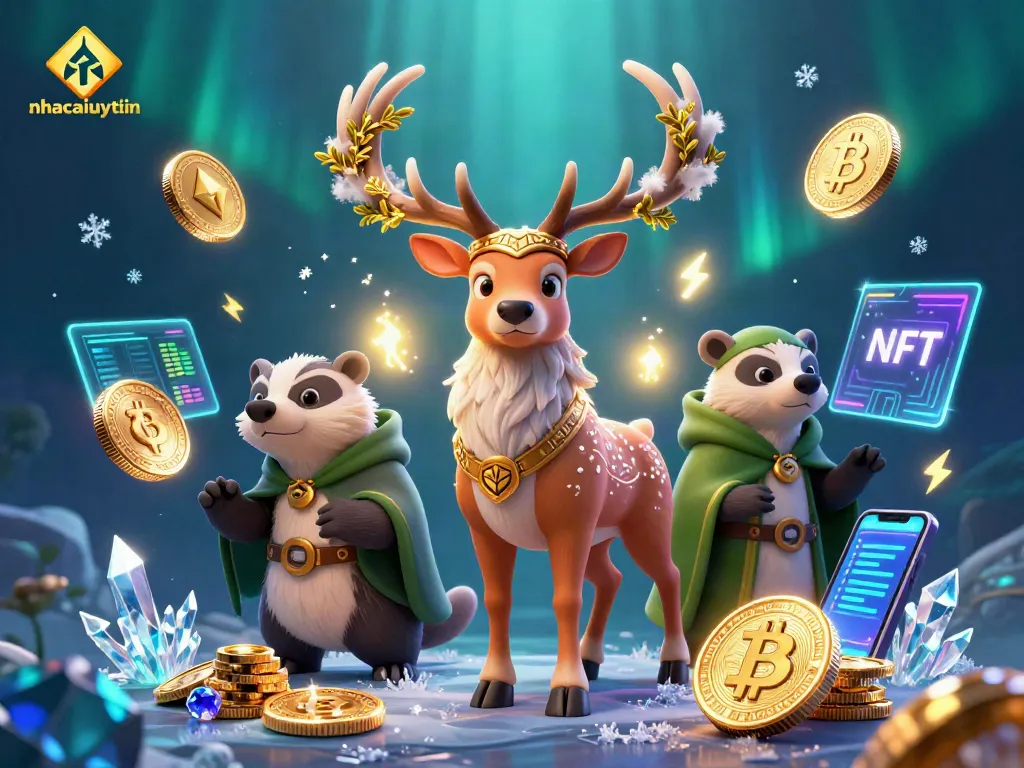 Engage with nhacaiuytin via a vibrant 3D illustration featuring a druid stag and crypto elements.
