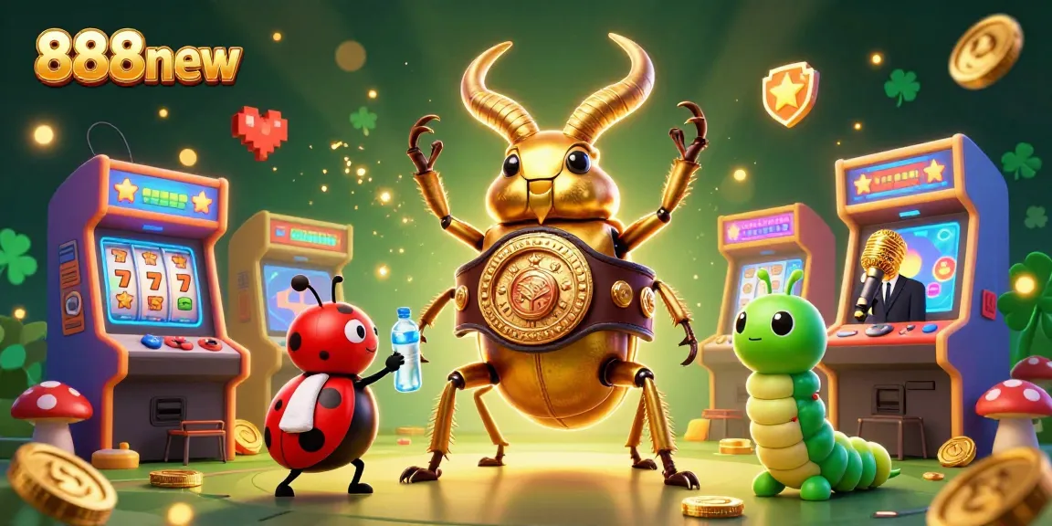 Immerse in 888new's vibrant casino scene with a golden champion stag beetle and lucky game elements.
