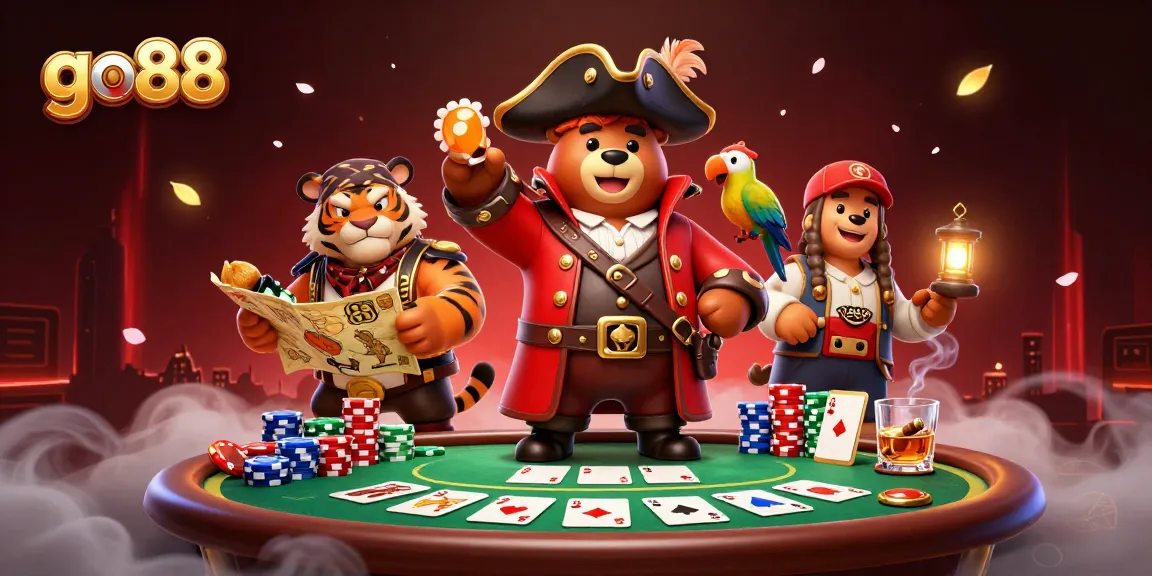 Engage with go88's thrilling action at a vibrant casino table filled with poker elements.