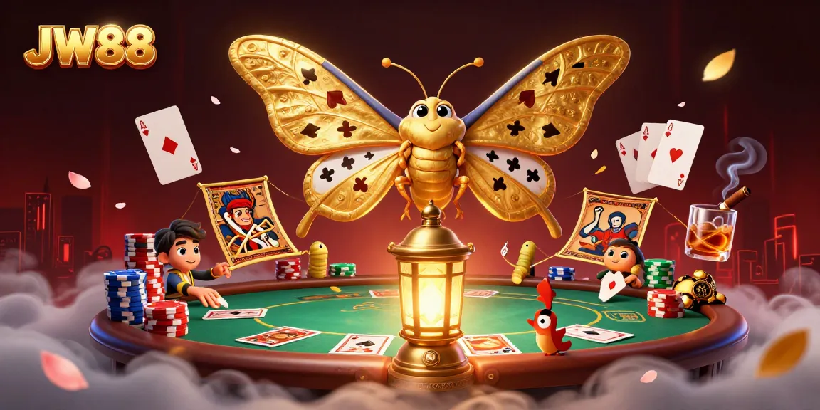 JW88 players enjoying a vibrant casino scene with a golden moth and poker elements.