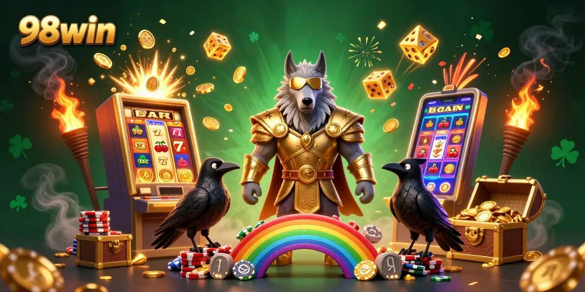 Experience the excitement of 98win with Odin and his ravens surrounded by vibrant casino elements.