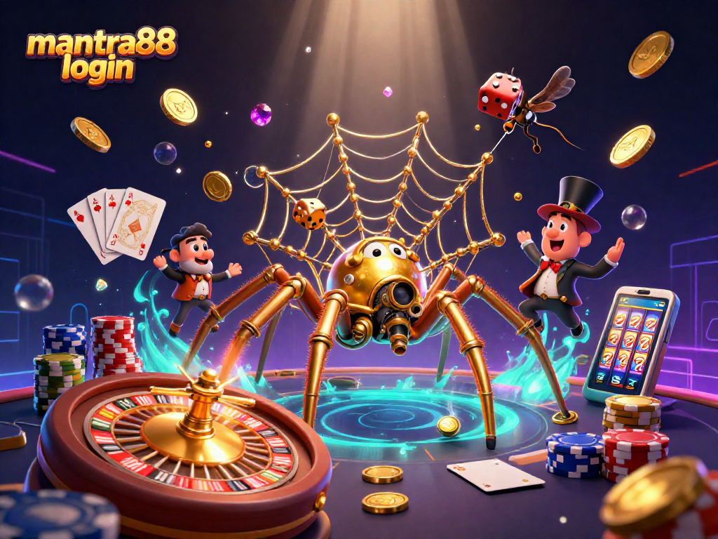 Experience the thrill of mantra88 login with a steampunk golden spider and dazzling casino elements