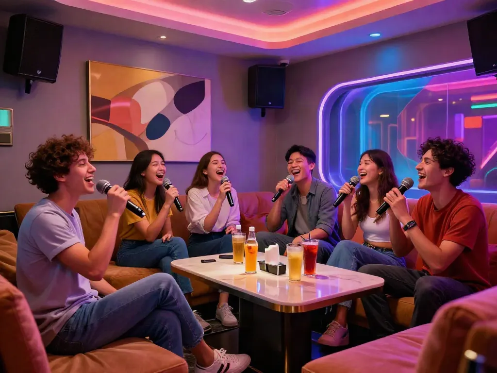 강남 달토에서 즐거운 시간 보내는 친구들, 생생한 분위기와 현대적인 인테리어.