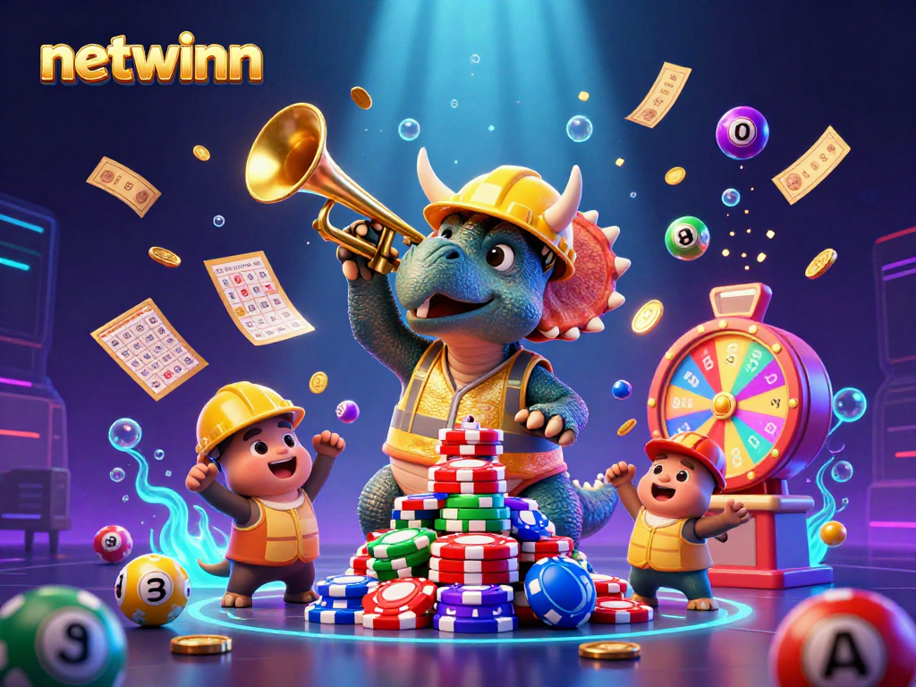 Win big with netwinn as the triceratops builds a poker chip pyramid amidst colorful lottery excitement.