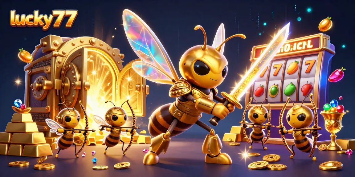 Play lucky77 slots with vibrant symbols and a giant hornet in a golden treasure scene.