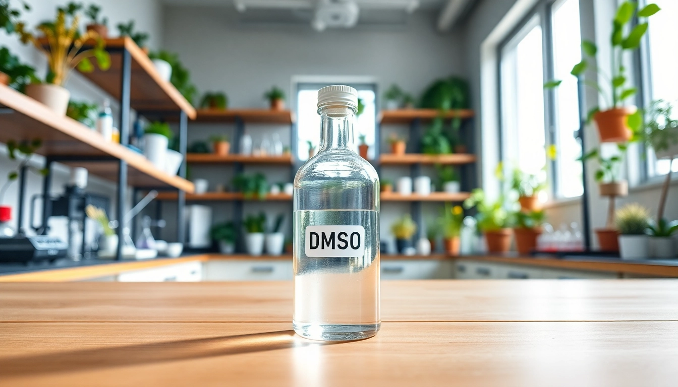 DMSO organic in a laboratory setting showcasing a clear glass vial against a natural backdrop.