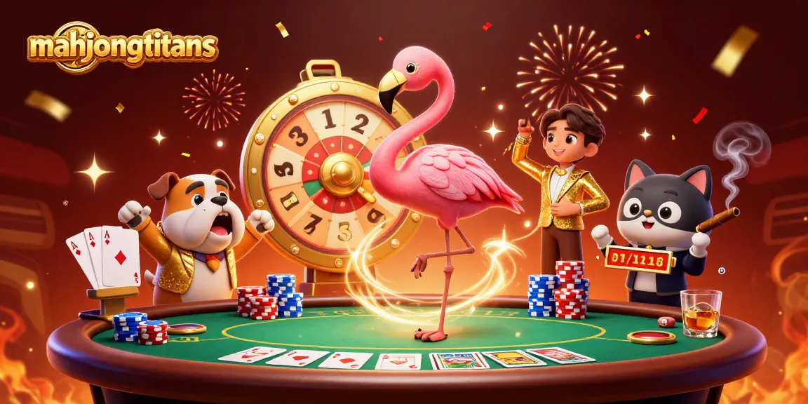 Experience the mahjongtitans excitement with a vibrant game show illustration featuring animated characters and casino elements.