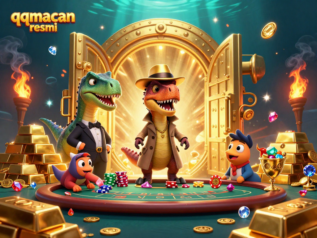 Engage with qqmacan resmi as a velociraptor card counter meets a suspicious pit boss in a vibrant casino.
