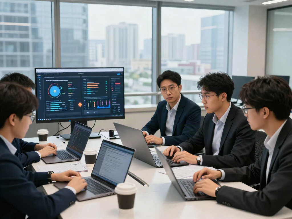 Team analyzing data on 먹튀스팟 검증사이트 safety metrics in modern office.