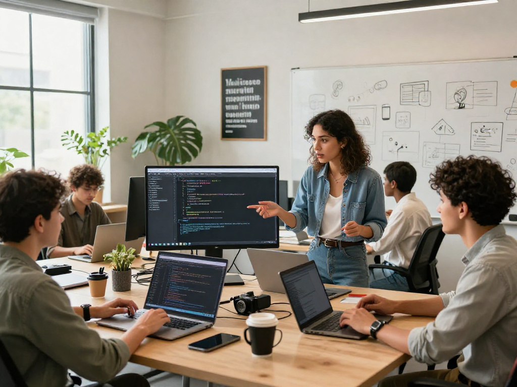 Developers collaborating on a project in a vibrant net88 software office space.