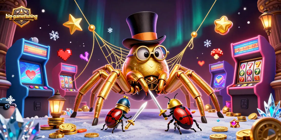 Big-gamefishing adventure scene with a golden tarantula and a beetle knight in an engaging casino setting