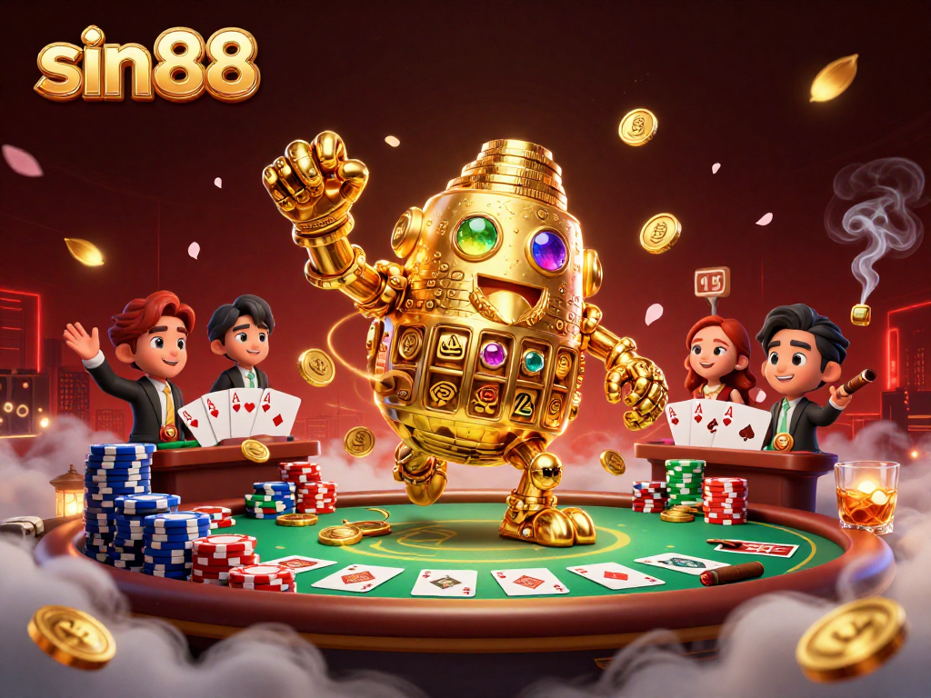 Experience thrilling games at sin88 with an ancient golden golem and vibrant poker elements.