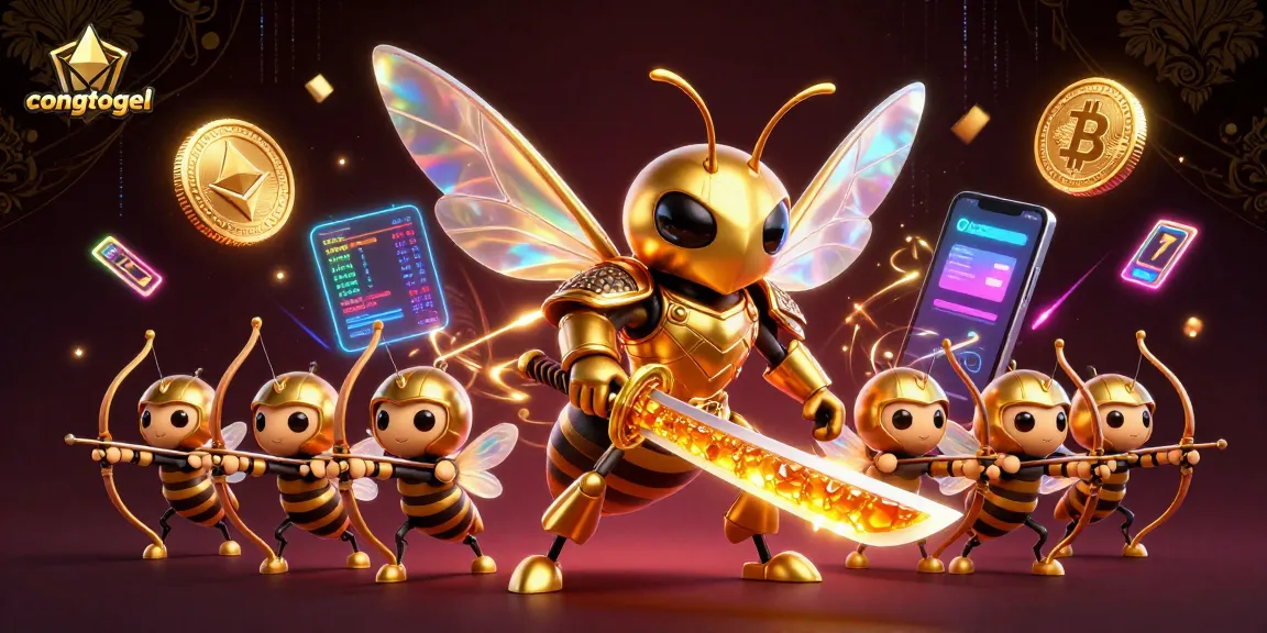 Engage with congtogel in a vibrant 3D illustration showcasing a golden hornet and crypto elements.