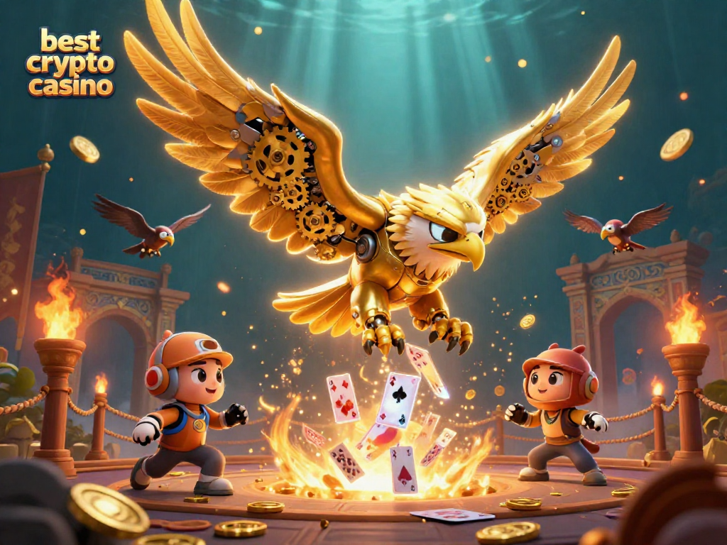 Découvrez le meilleur crypto casino avec des personnages colorés et dynamiques sur fond de jeux de cartes holographiques.