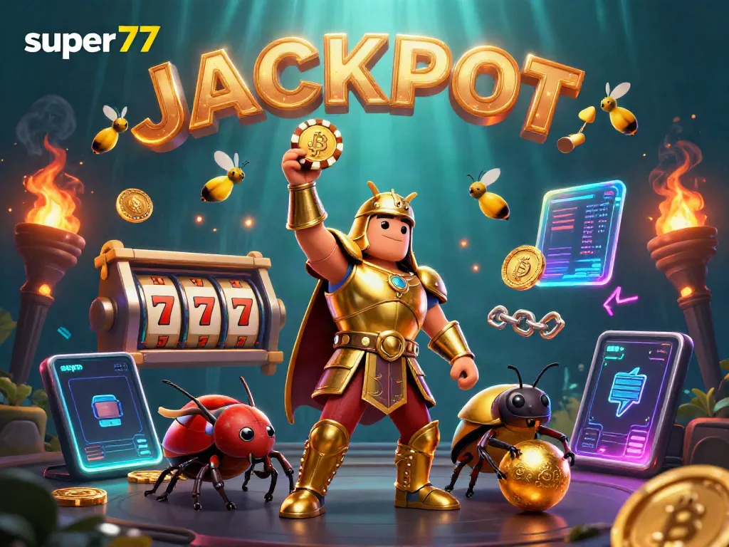 Play thrilling slots on super77 with a victorious beetle champion amidst vibrant casino elements.
