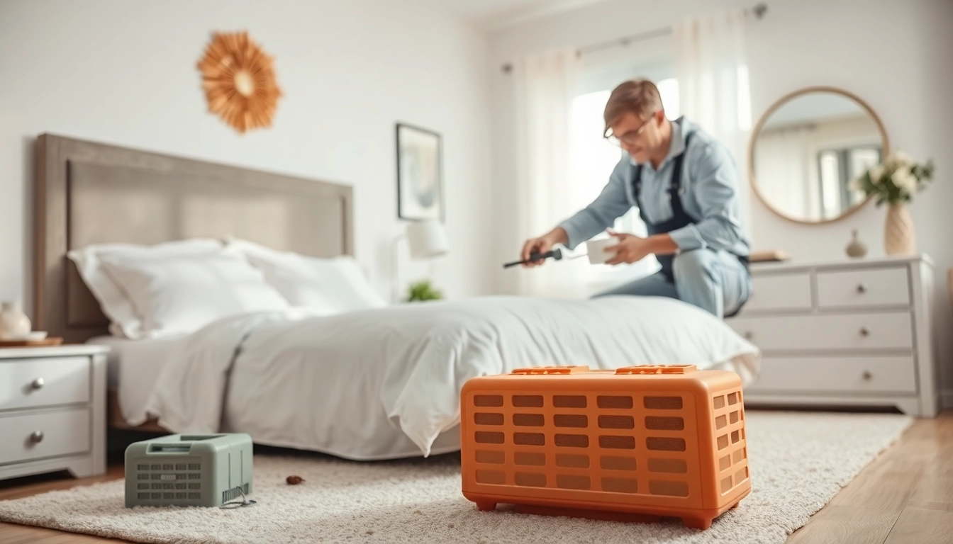 Bed bug removal treatment in a clean bedroom with an exterminator inspecting for pests.