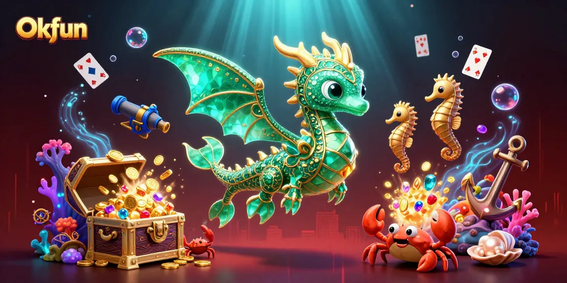 Engage in casino adventures with Okfun's vibrant underwater scene featuring a dragon and treasure.