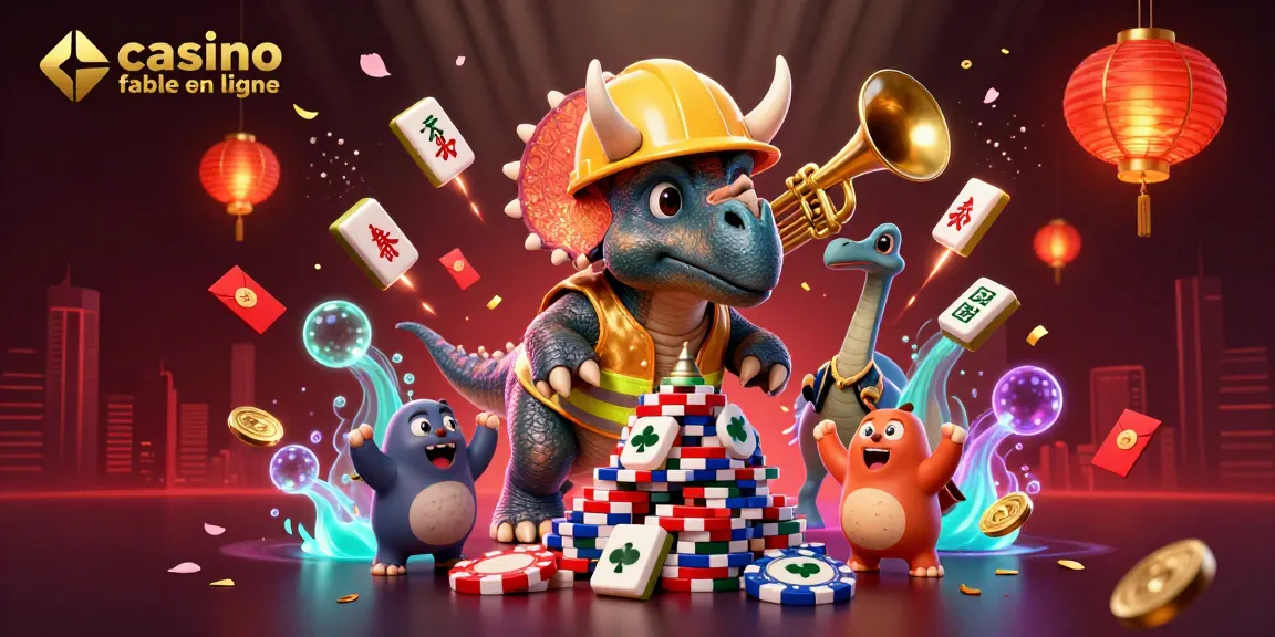 Illustration colorée d'un triceratops construisant une pyramide de jetons, représentant un casino fiable en ligne avec ambiance festive.