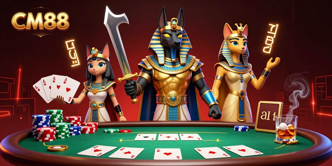 Experience thrilling poker action at CM88 with Egyptian-themed characters in a captivating casino scene.