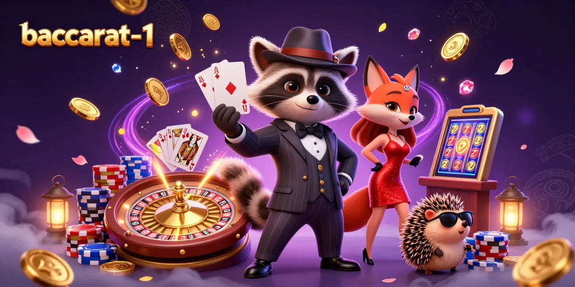 Experience the excitement of baccarat-1 with a raccoon, fox, and hedgehog in a vibrant casino scene.
