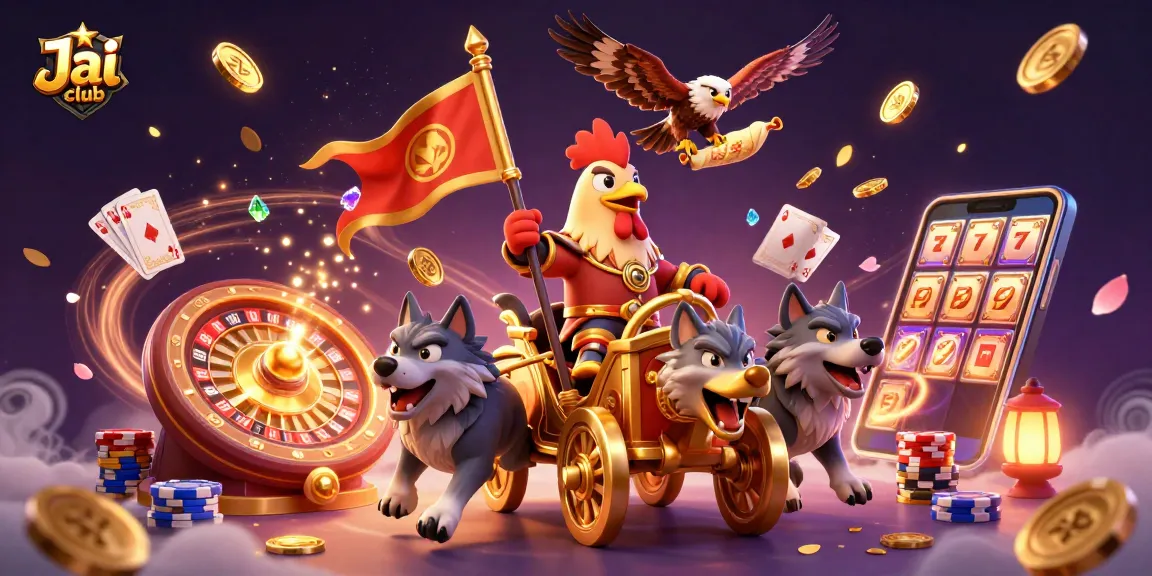 Engage with Jai club's dynamic gaming scene featuring a rooster warlord and exciting casino elements.
