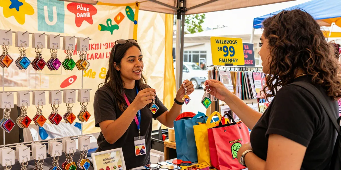 A custom Acrylic Diamond Keychain on display at a vibrant marketplace, showcasing unique designs and engaging customer interactions.