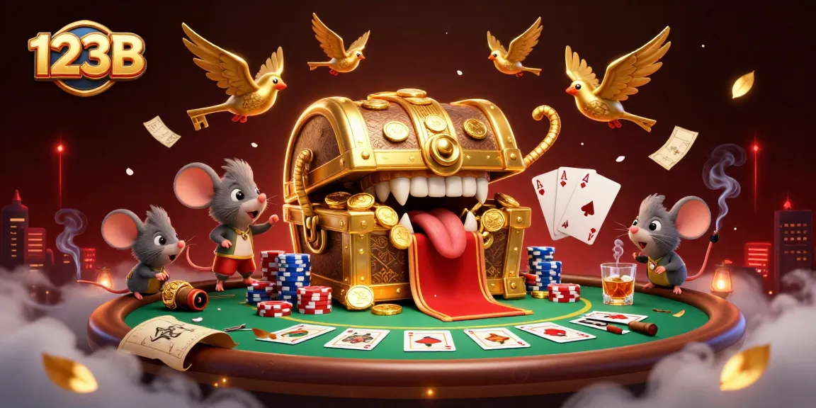 Engage with 123B's vibrant casino scene featuring poker excitement and animated treasure.