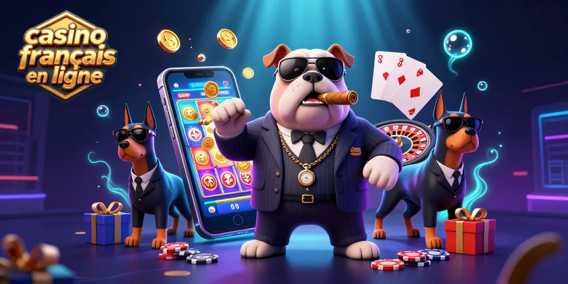 Le casino français en ligne propose une illustration dynamique mettant en scène un bulldog boss de la mafia et des éléments de jeux.