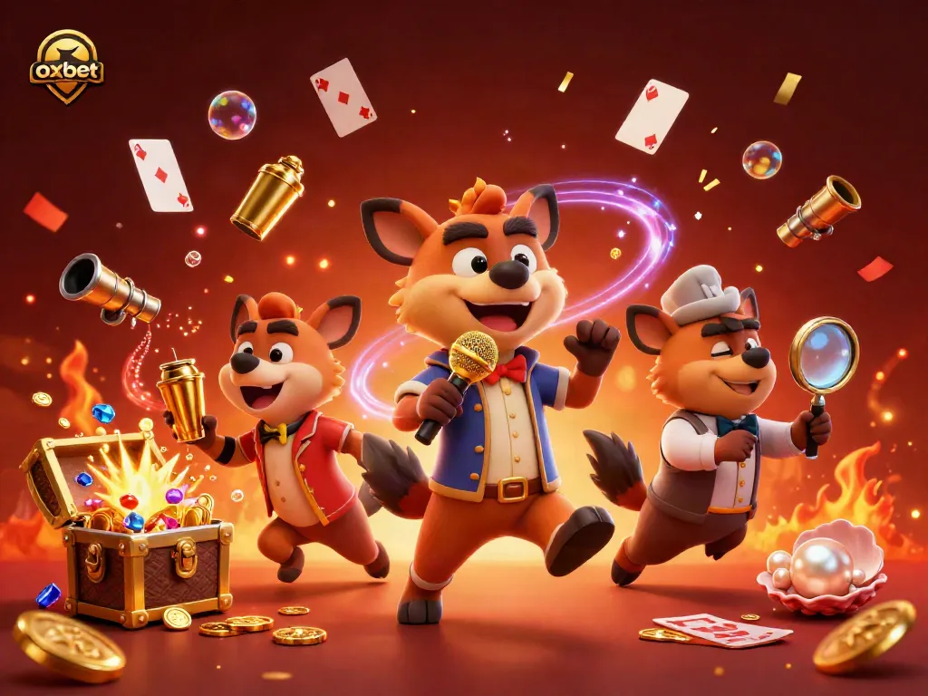 Experience gaming thrills at OXBET with hyenas delivering comedy in a casino club scene amidst vibrant gaming elements.