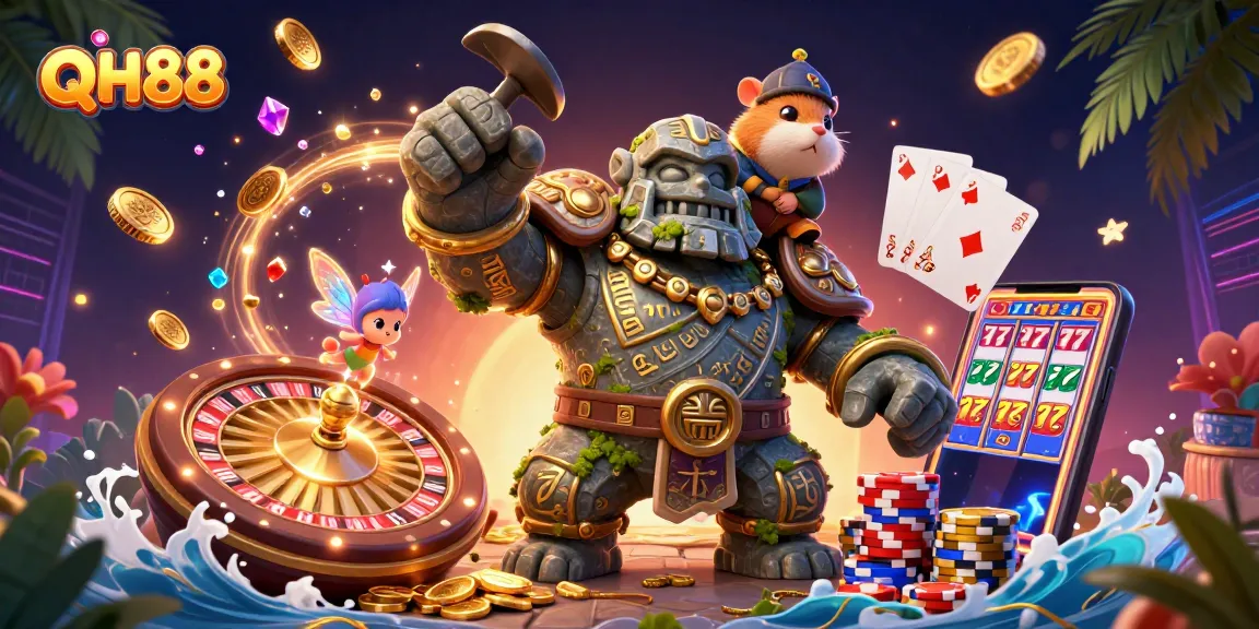 Engage in thrilling gameplay at QH88 with stunning visuals featuring a golem guardian, magic, and casino elements.