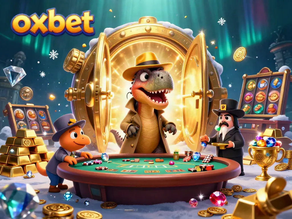 Experience an exciting gambling adventure with oxbet featuring a velociraptor at a blackjack table surrounded by treasures.