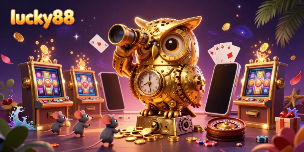 Experience the excitement of lucky88 as a golden owl surveys a bustling casino landscape.