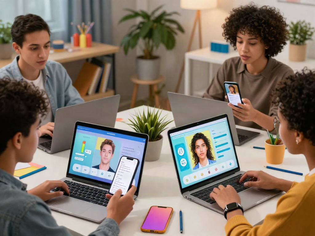 Individuals engaged in an attractive test, showcasing interaction with AI tools for facial symmetry and beauty metrics.