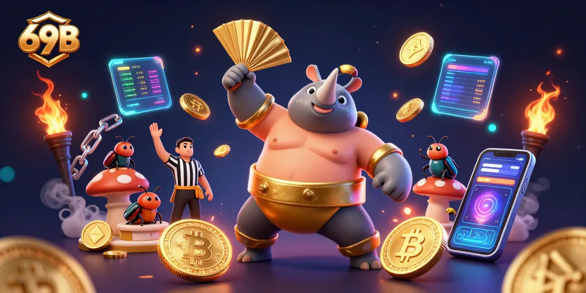 O 69B apresenta o lutador besouro rinoceronte no ringue, rodeado de elementos de criptojogos.