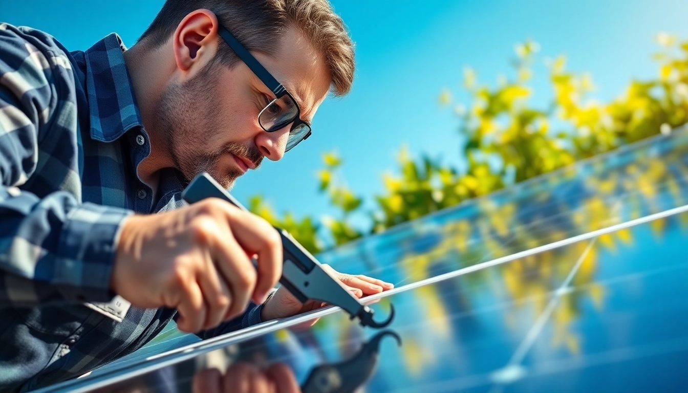 Technician performing solar panel repair, highlighting tools and detailed work.