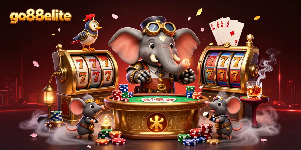 Spin the golden slot machine with go88elite while steampunk characters create a vibrant casino scene.
