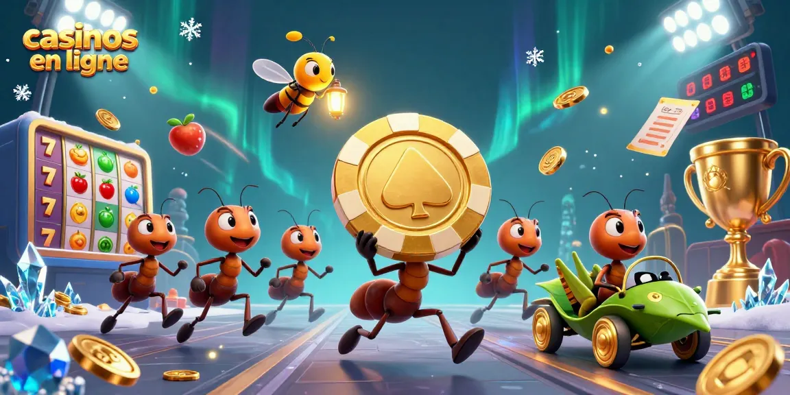 Jouez aux casinos en ligne avec cette scène animée d'une équipe de fourmis transportant un jeton de poker doré.