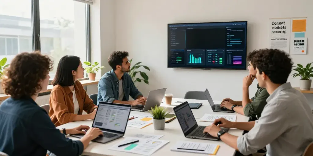 Dynamic workspace illustrating AI content creation for content marketers with team collaboration and digital tools.