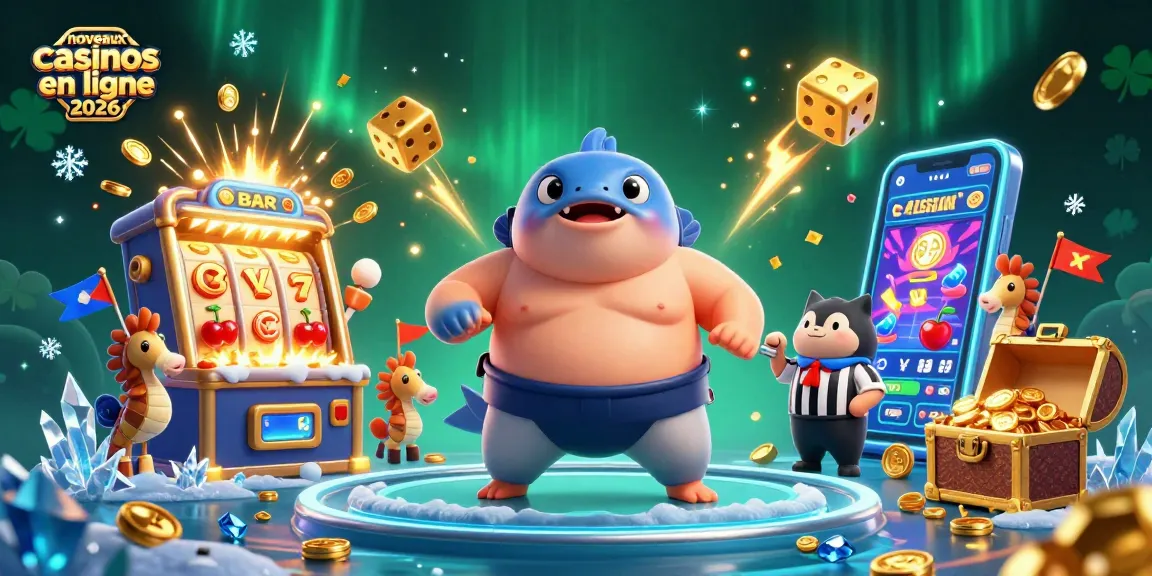 Illustration animée représentant le fugu avec une ceinture de sumo, pour les nouveaux casinos en ligne 2026.