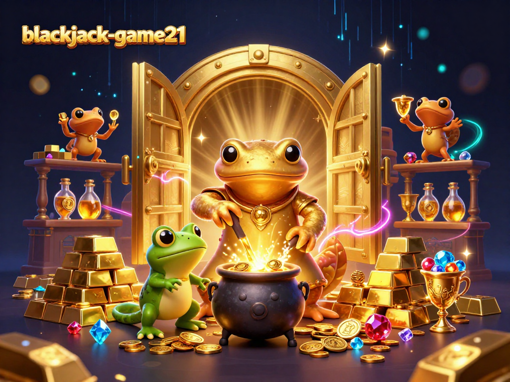 Experience the thrill of blackjack-game21 with a mystical alchemist and vibrant gold treasures.