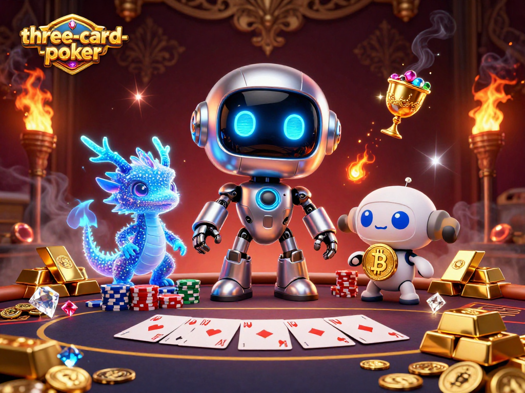 Experience the thrill of three-card-poker illustrated with dynamic gaming elements and vibrant characters.