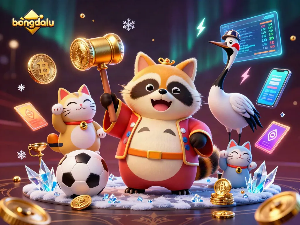 Experience live soccer action with Bongdalu as the cheerful tanuki celebrates victories amidst a lively gambling scene.