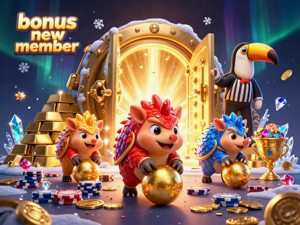 Engaging illustration depicting the dynamic action of rival pangolins celebrating a bonus new member in a casino-themed environment filled with treasures and vibrant imagery.