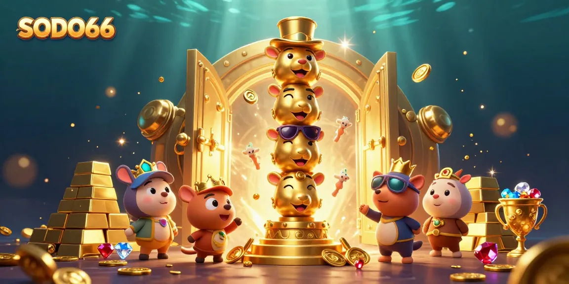 SODO66 offers exciting gaming adventures with a vibrant 3D casino illustration filled with treasures.
